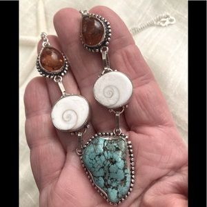 NEW Turquoise, Shiva Eye, and Amber, 925 Silver Necklace